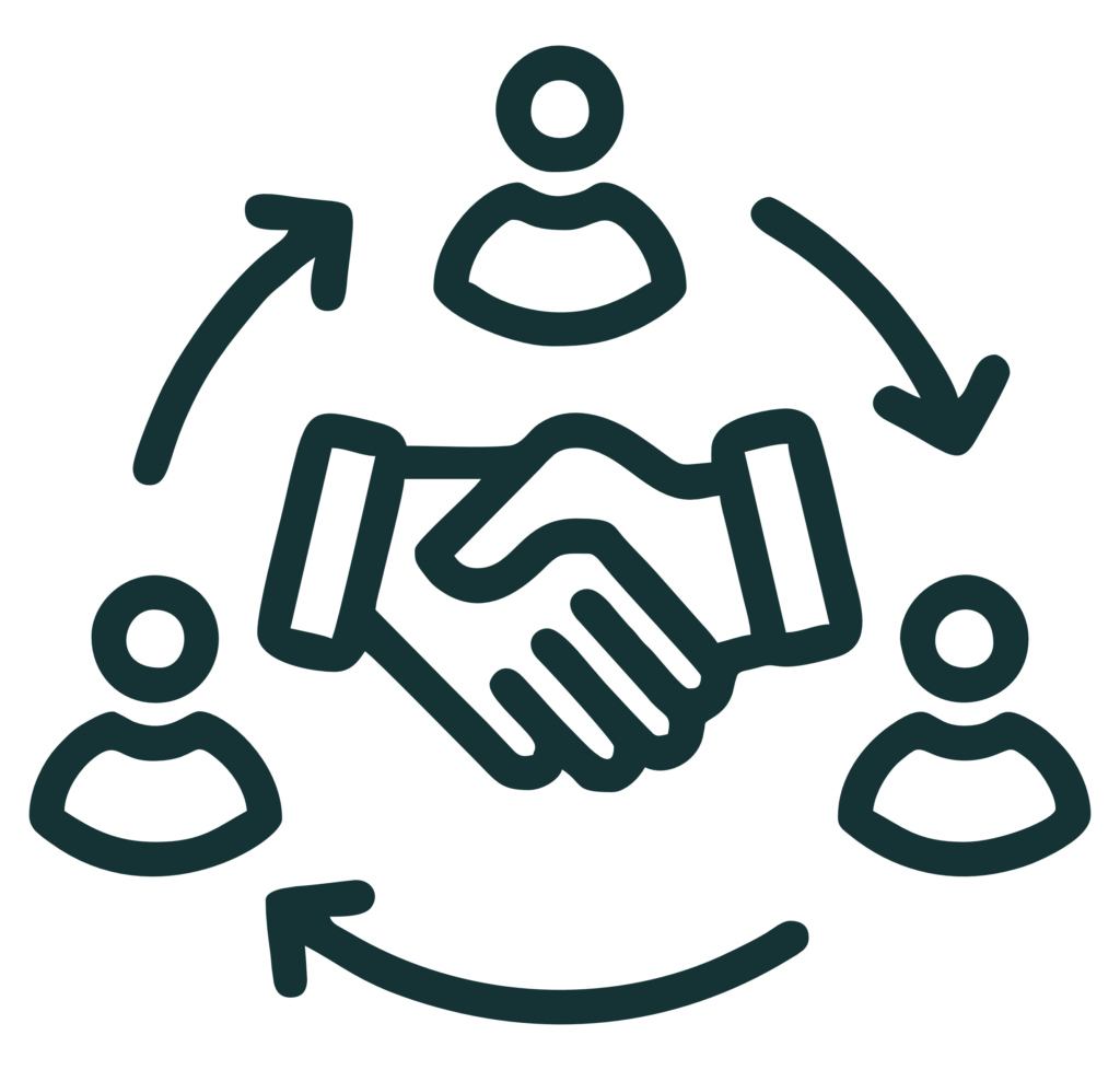 abstract teal line drawing of hands shaking to symbolize partnership and collaboration and unity.