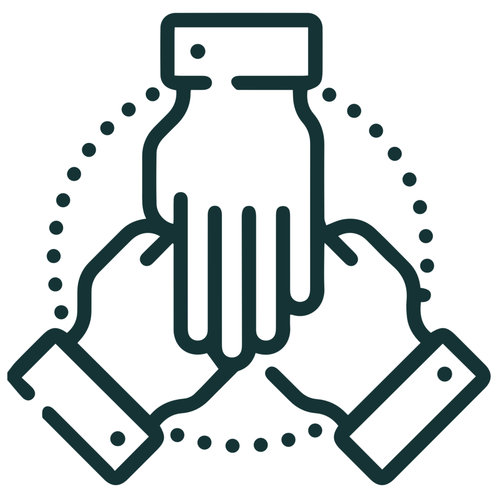 abstract teal line illustration featuring a rounded square frame with two curved legs and a dotted arc surrounding it, suggesting motion or connectivity.