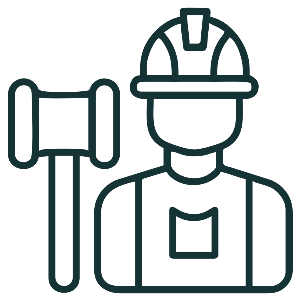 line drawing of a construction worker in a hard hat beside curved pipelines, safety gear visible in the illustration.