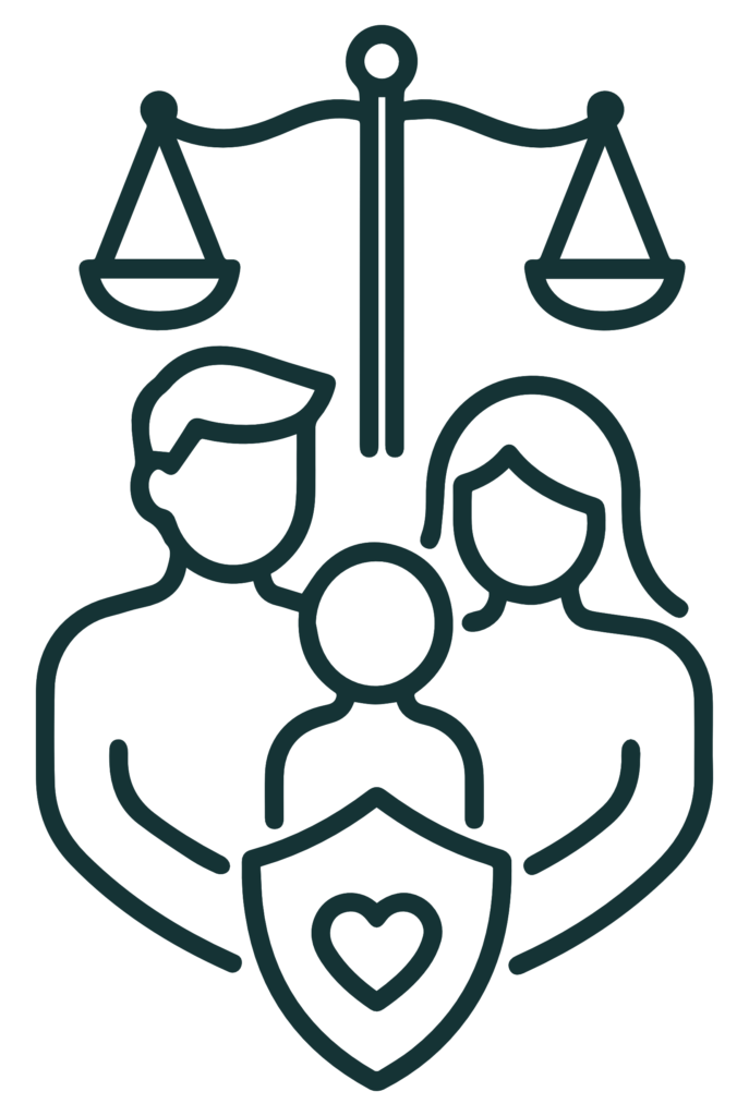 line-art illustration of a family surrounding a shield with a heart, symbolizing family protection by law with compassion