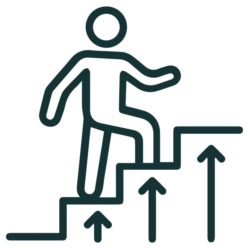 abstract teal line drawing of a person climbing stairs, representing progress or ascent