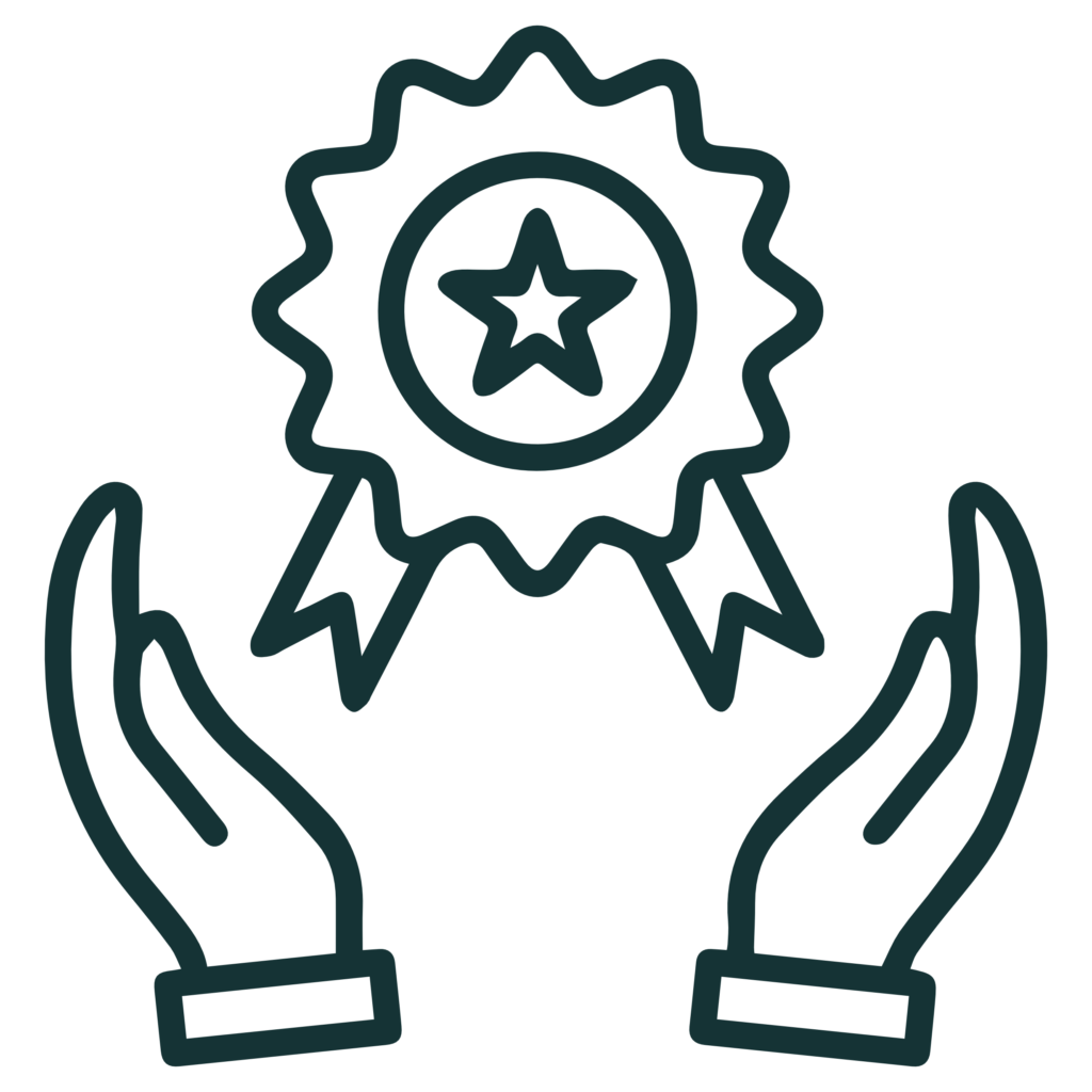 teal award badge with a star in the center and two hanging rectangular tassels/pendants
