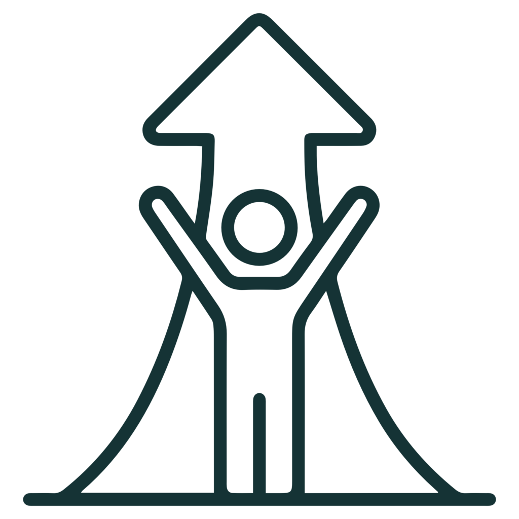 minimal teal line drawing of a house shape with a roof and a hand-like base, suggesting home or protection.
