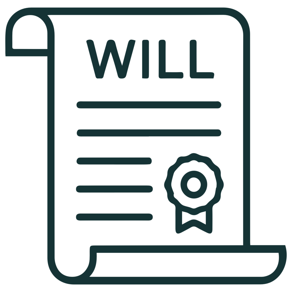 icon of a will document inside a stylized frame with a circular seal, conveying a legal will