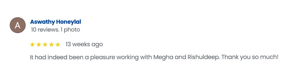 five-star review by aswathy honeyal (13 weeks ago) praising the collaboration with megha and rishuldeep.