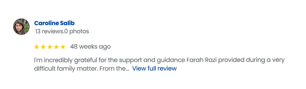 profile review card for caroline salib with 5-star rating, 'i'm incredibly grateful...' testimonial, 48 weeks ago, and a 'view full review' link momentarily visible.
