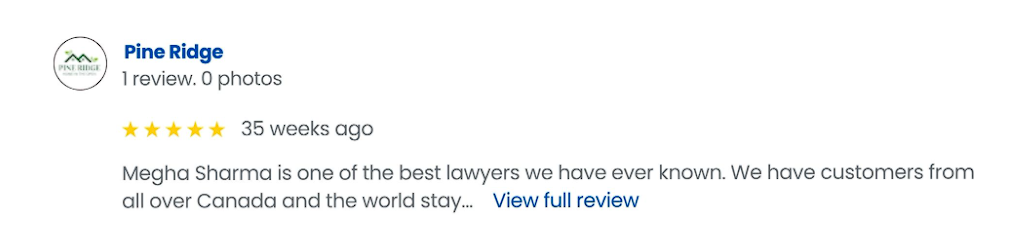 five-star pine ridge review praising megha sharma as one of the best lawyers; mentions clients from canada and worldwide, with a view full review link.