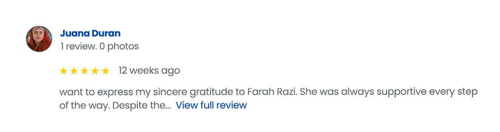 review card by juana duran with a 5-star rating, posted 12 weeks ago, thanking farah razi; message ends with 'view full review' link.